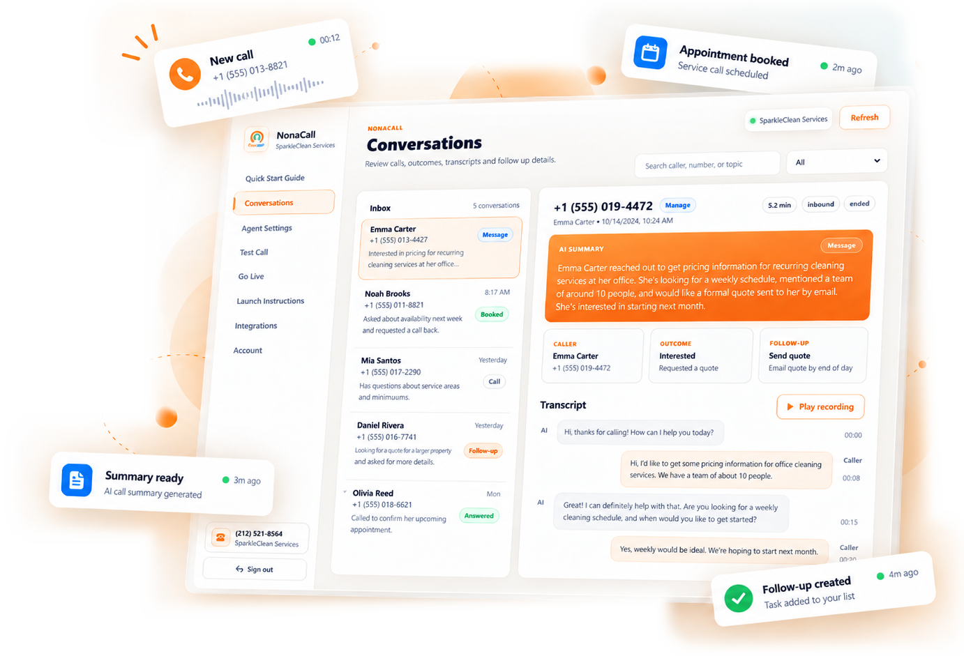 Illustration of the NonaCall conversations dashboard using fictional SparkleClean Services data